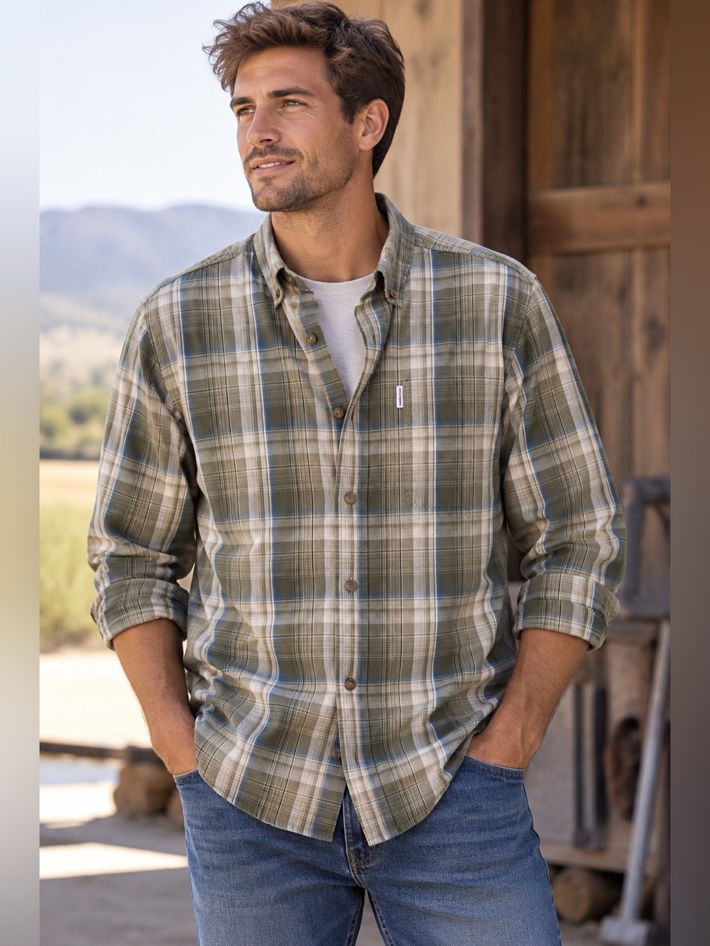 Carhartt L Relaxed Plaid Button Down Shirt Khaki Blue Workwear Gorpcore Utility